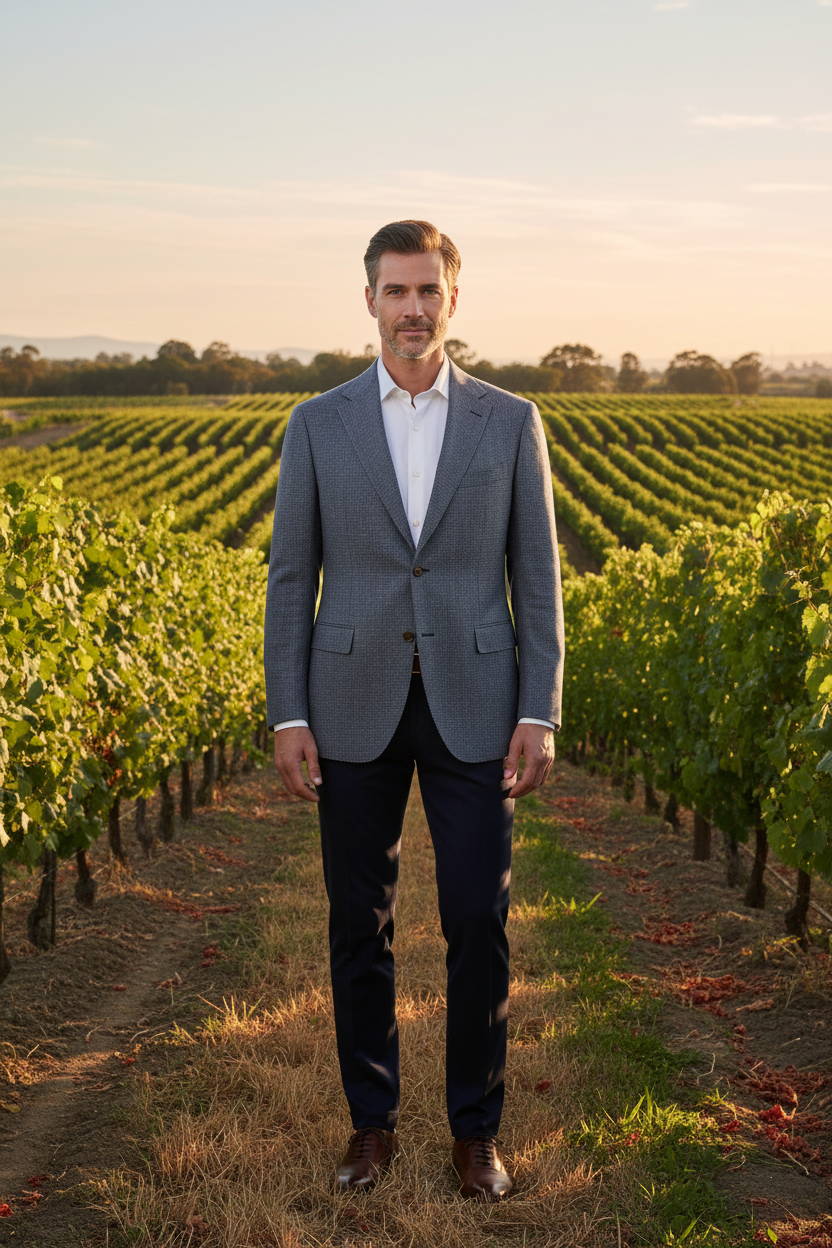 Front view – model wearing navy grey houndstooth sport coat, vineyard background