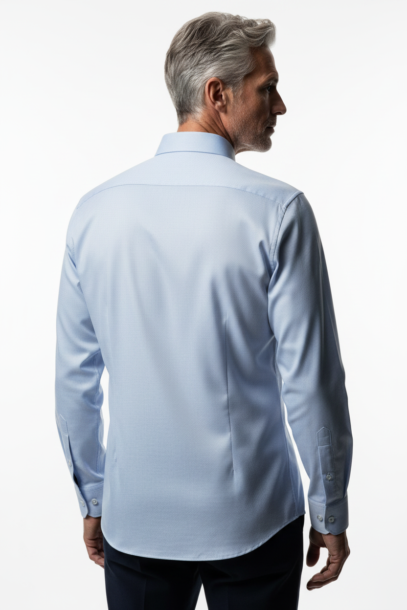 Model back view - Zanzibar Twill Long Sleeve Shirt Sky Blue
