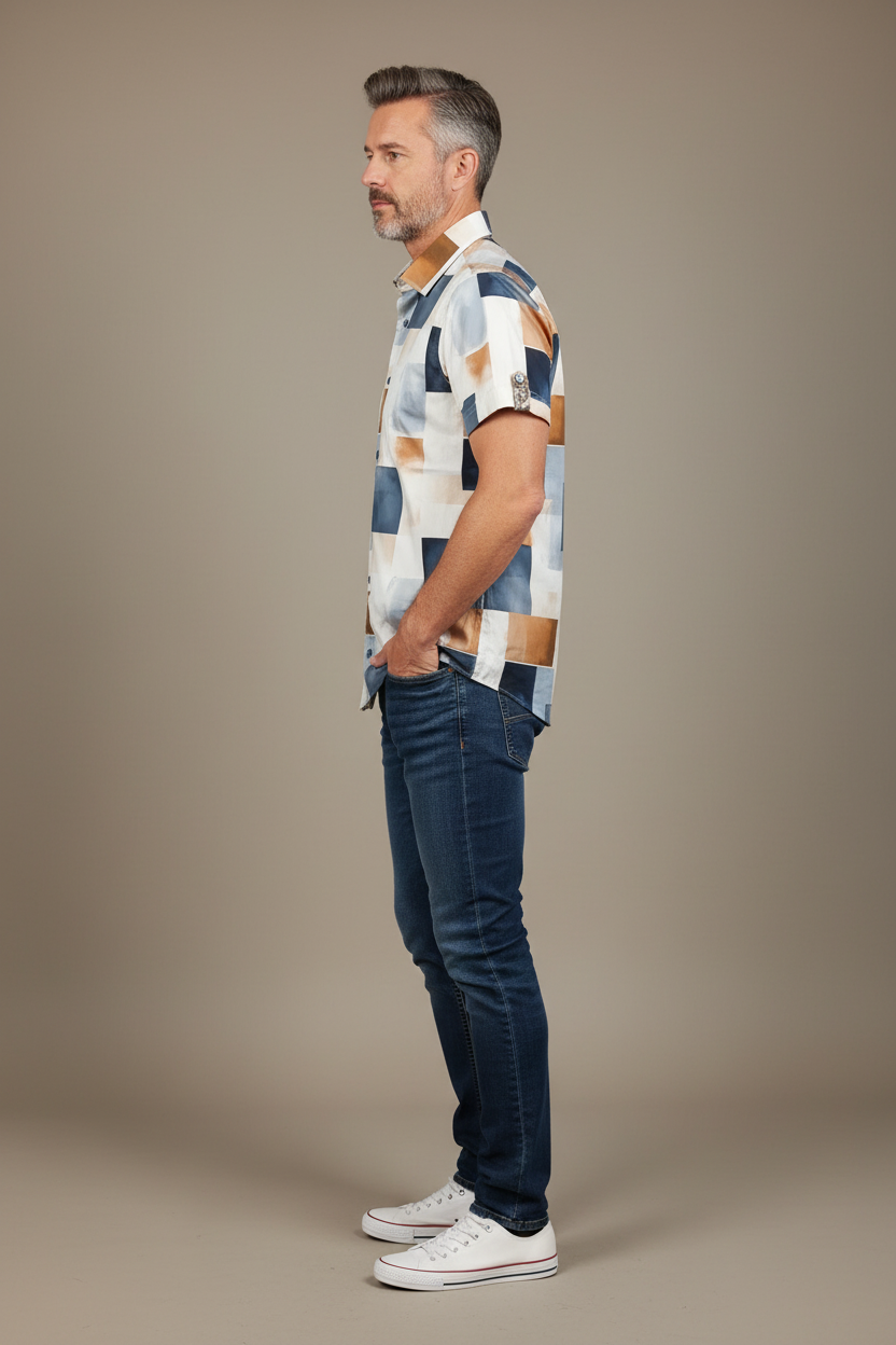 Model wearing abstract block print shirt - side view