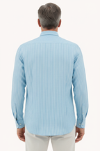 Stripe Linen Long Sleeve Shirt Aqua on model - back