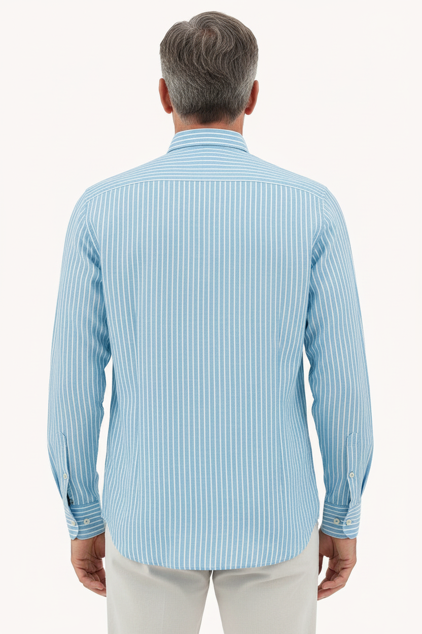 Stripe Linen Long Sleeve Shirt Aqua on model - back