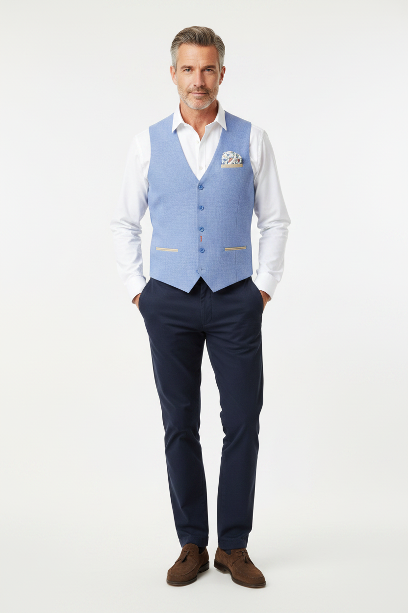 Stretch Piqué Waistcoat Light Blue on model - front