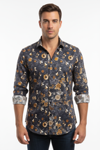 Front modeled shot - dark navy floral print shirt