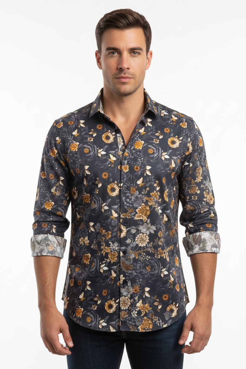 Front modeled shot - dark navy floral print shirt