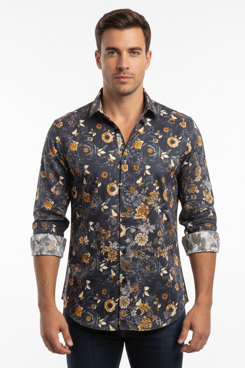 Front modeled shot - dark navy floral print shirt