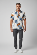Model wearing abstract block print shirt - front view