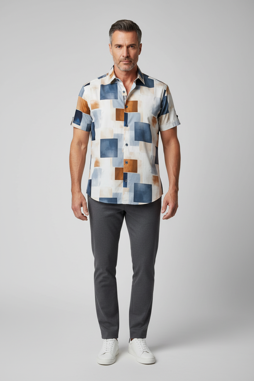 Model wearing abstract block print shirt - front view