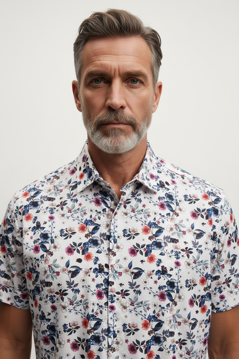 Model front view - FLO HBD Short Sleeve Shirt White