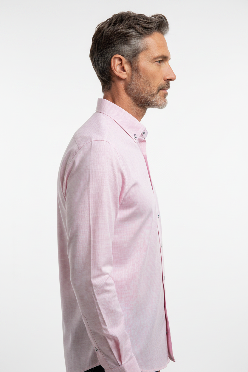Model side view - Micro-Check Slim Fit Long Sleeve Shirt Pink