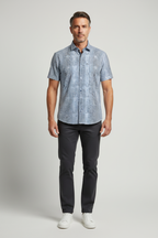 Model wearing geo hexagon print shirt - front view