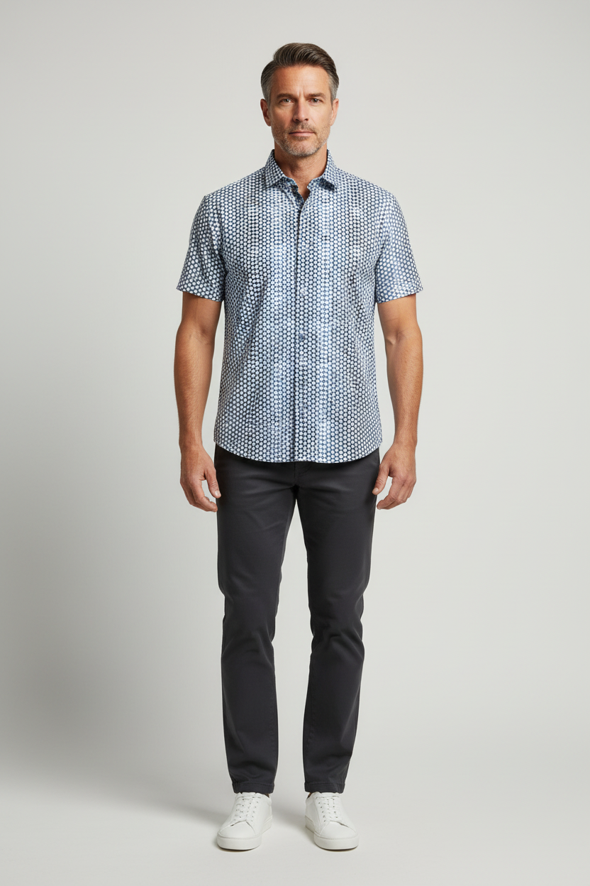 Model wearing geo hexagon print shirt - front view