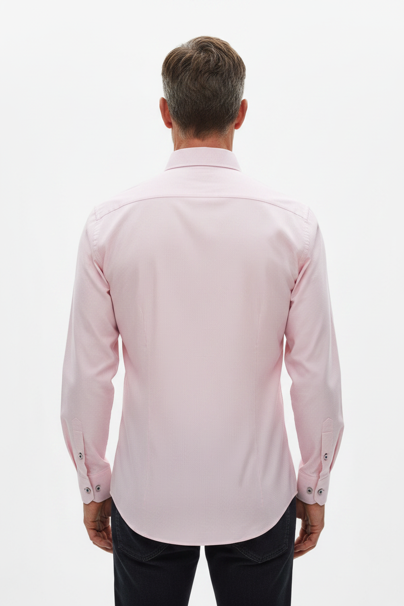 Model back view - Micro-Check Slim Fit Long Sleeve Shirt Pink
