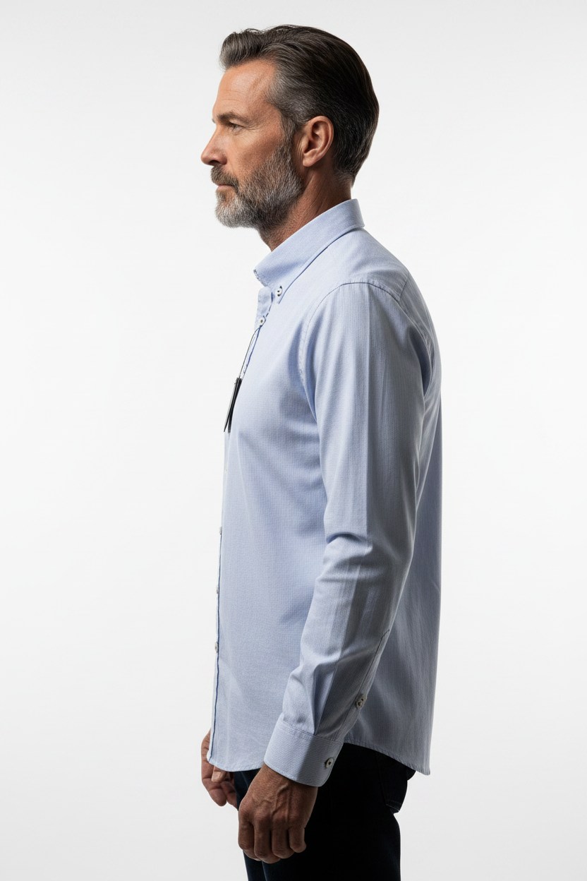 Model side view - Micro-Check Slim Fit Long Sleeve Shirt Blue