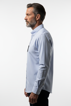 Model side view - Micro-Check Slim Fit Long Sleeve Shirt Blue