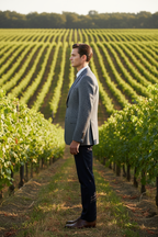 Side view – model wearing navy grey houndstooth sport coat, vineyard background