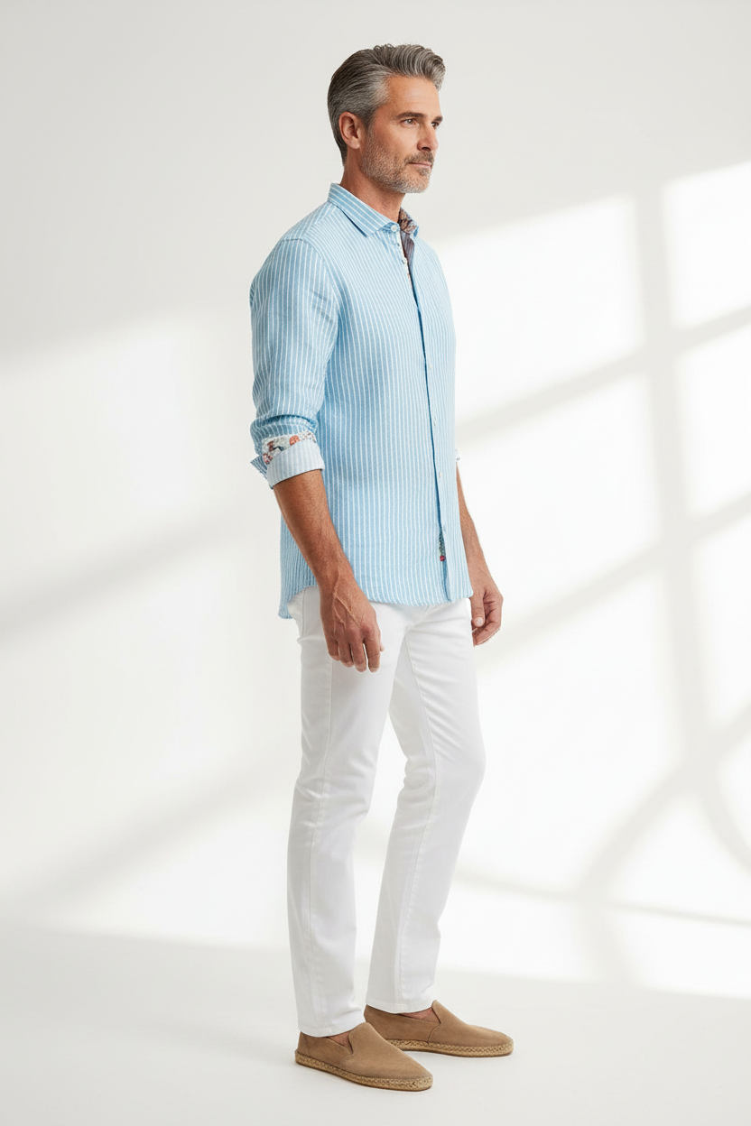 Stripe Linen Long Sleeve Shirt Aqua on model - side