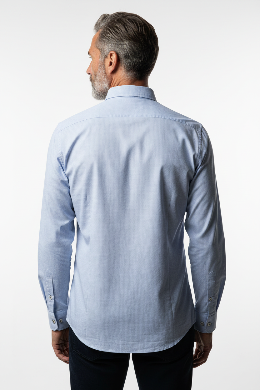 Model back view - Micro-Check Slim Fit Long Sleeve Shirt Blue