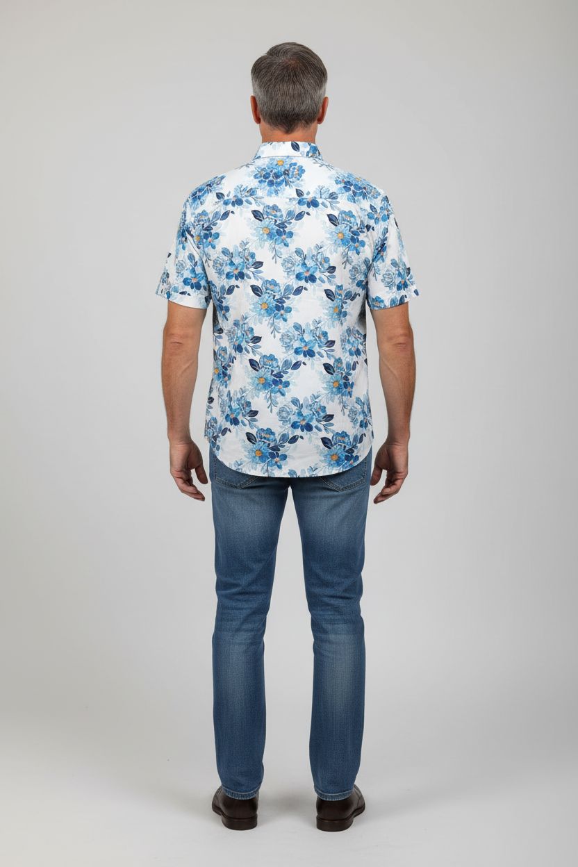 Model wearing blue floral shirt - back view