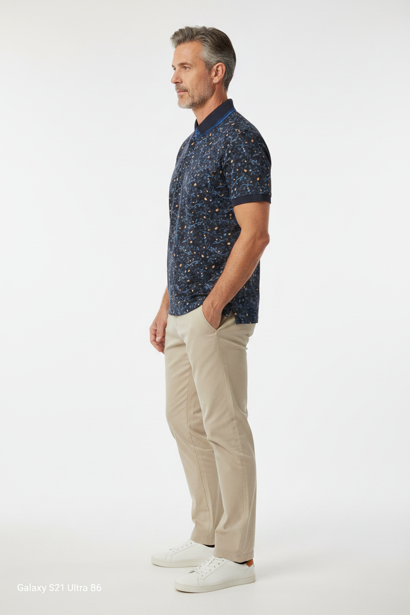 Citrus Print Polo Navy on model - side