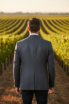 Back view – model wearing navy grey houndstooth sport coat, vineyard background