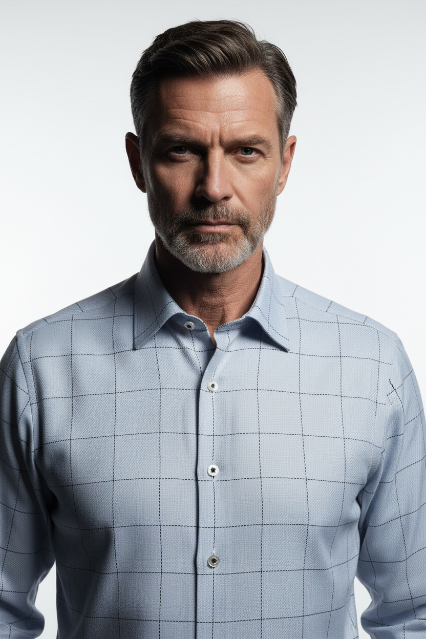 Model front view - Grande Check Long Sleeve Shirt Light Blue