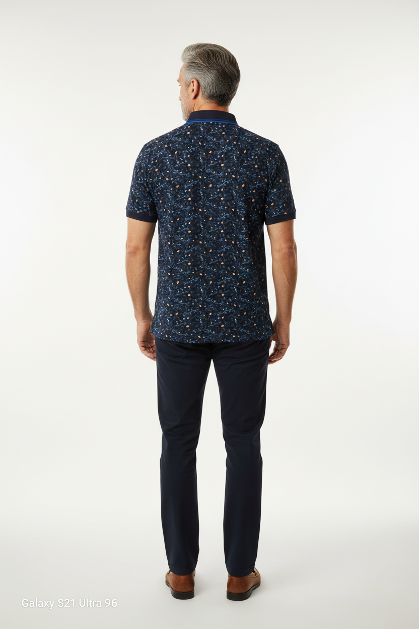 Citrus Print Polo Navy on model - back