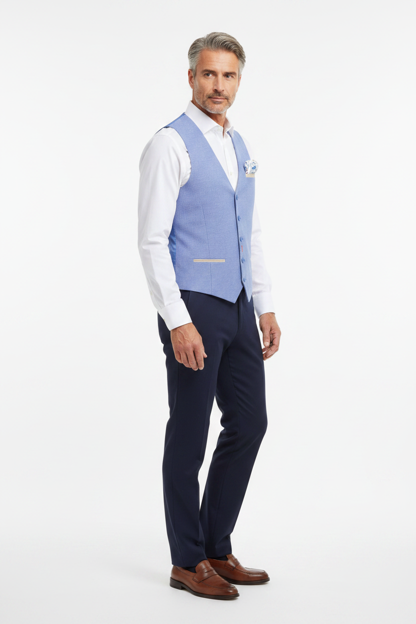 Stretch Piqué Waistcoat Light Blue on model - side