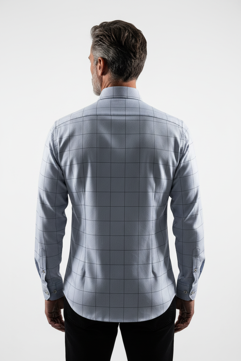 Model back view - Grande Check Long Sleeve Shirt Light Blue