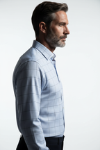 Model side view - Grande Check Long Sleeve Shirt Light Blue