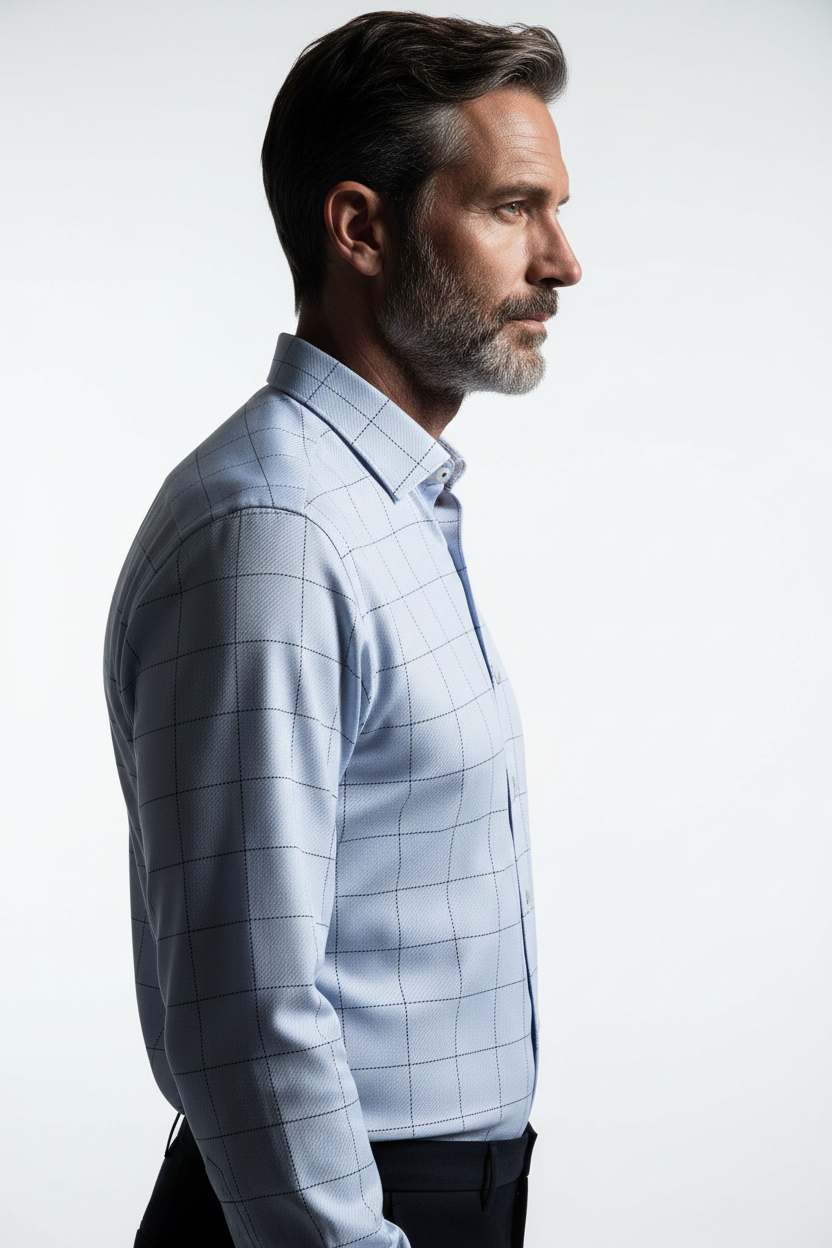 Model side view - Grande Check Long Sleeve Shirt Light Blue