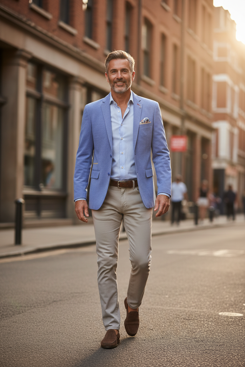 Stretch Piqué Blazer Light Blue on model - street shot