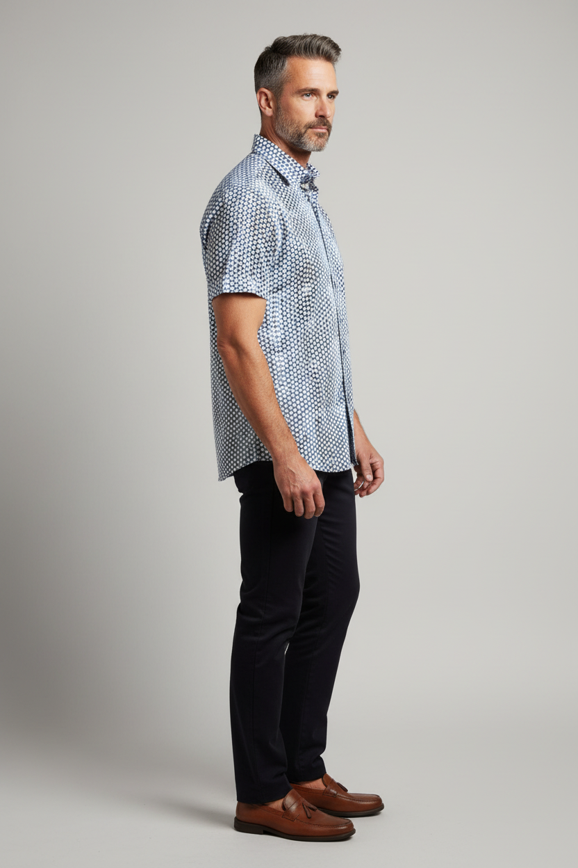 Model wearing geo hexagon print shirt - side view