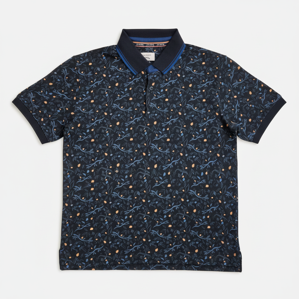 Citrus Print Polo Navy - clean front product shot