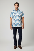 Model wearing blue floral shirt - front view