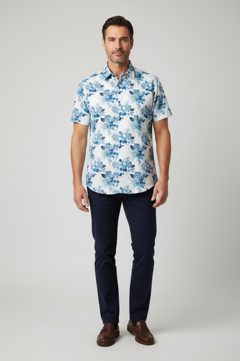 Model wearing blue floral shirt - front view
