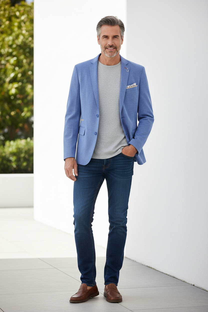 Stretch Piqué Blazer Light Blue on model - front pose