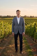 Front view – model wearing navy grey houndstooth sport coat, vineyard background
