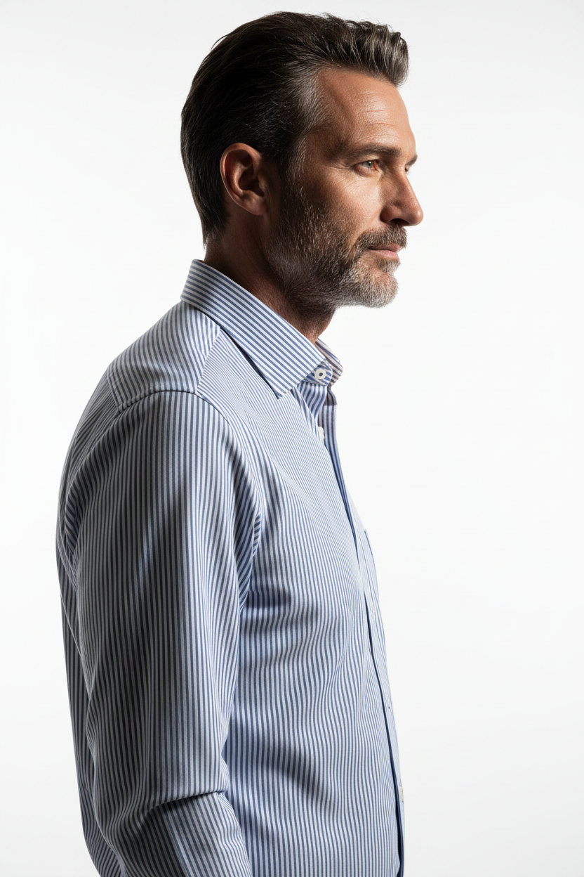 Model side view - Blue White Stripe Classic Fit Shirt