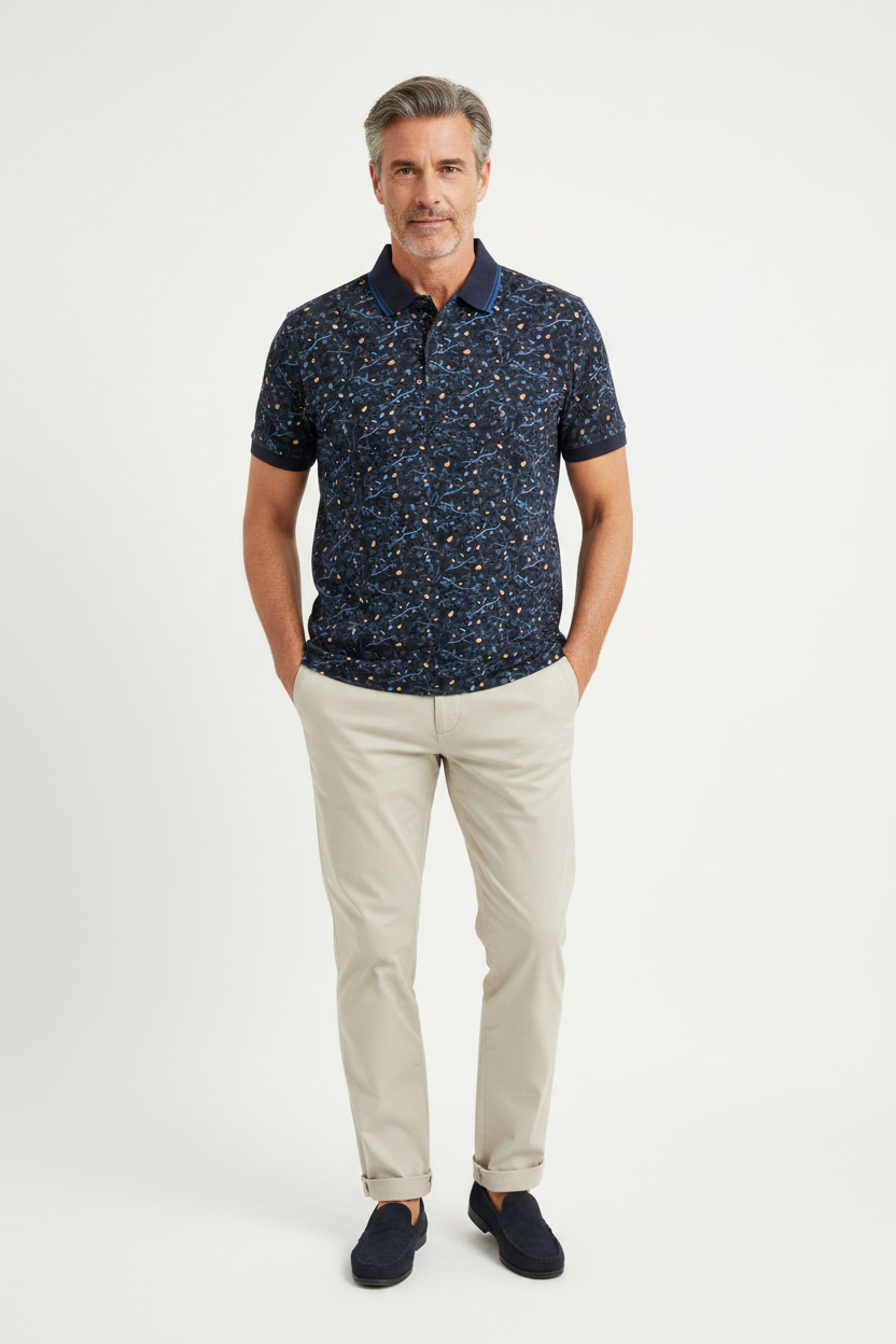 Citrus Print Polo Navy on model - front