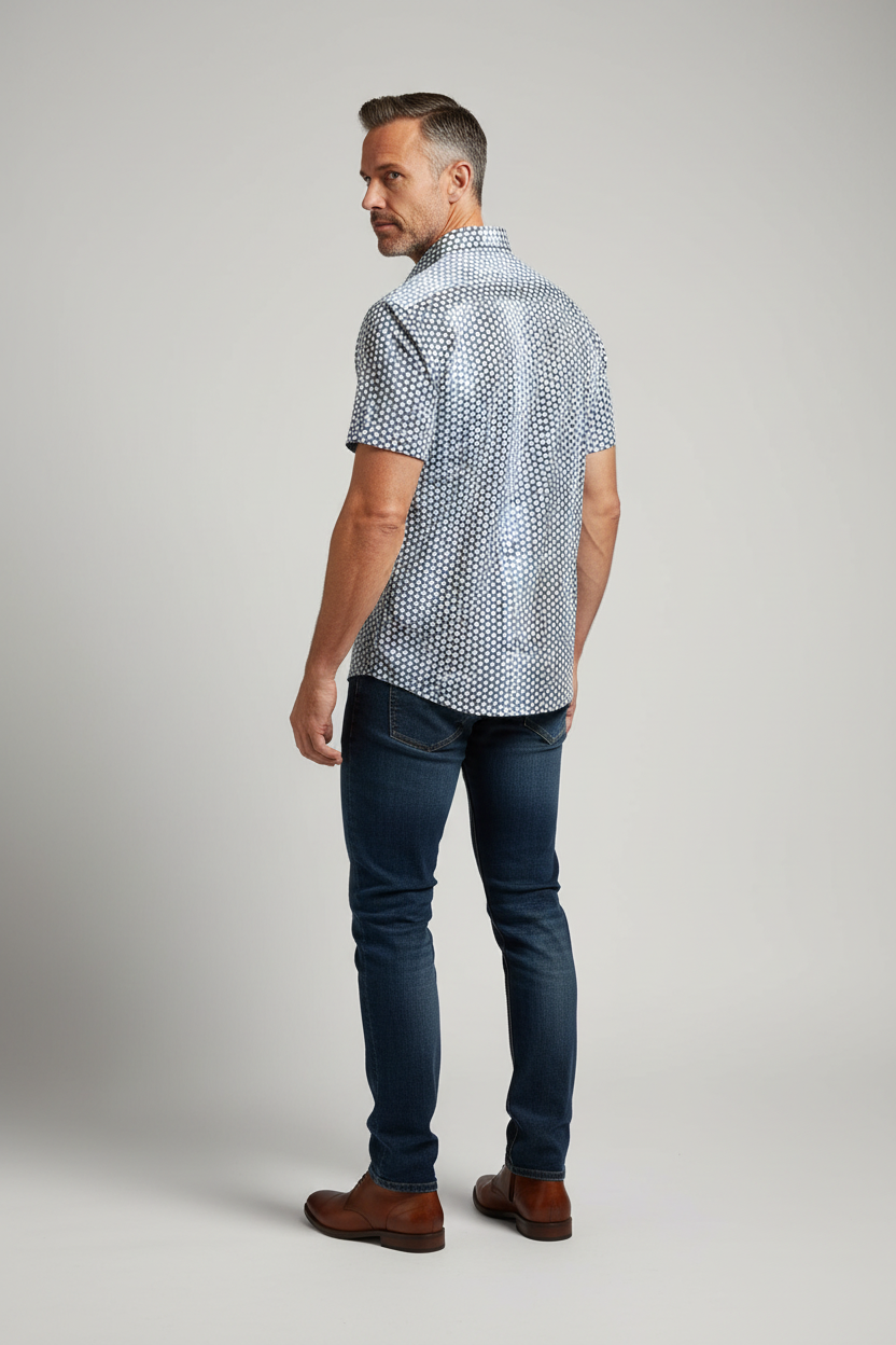 Model wearing geo hexagon print shirt - back view