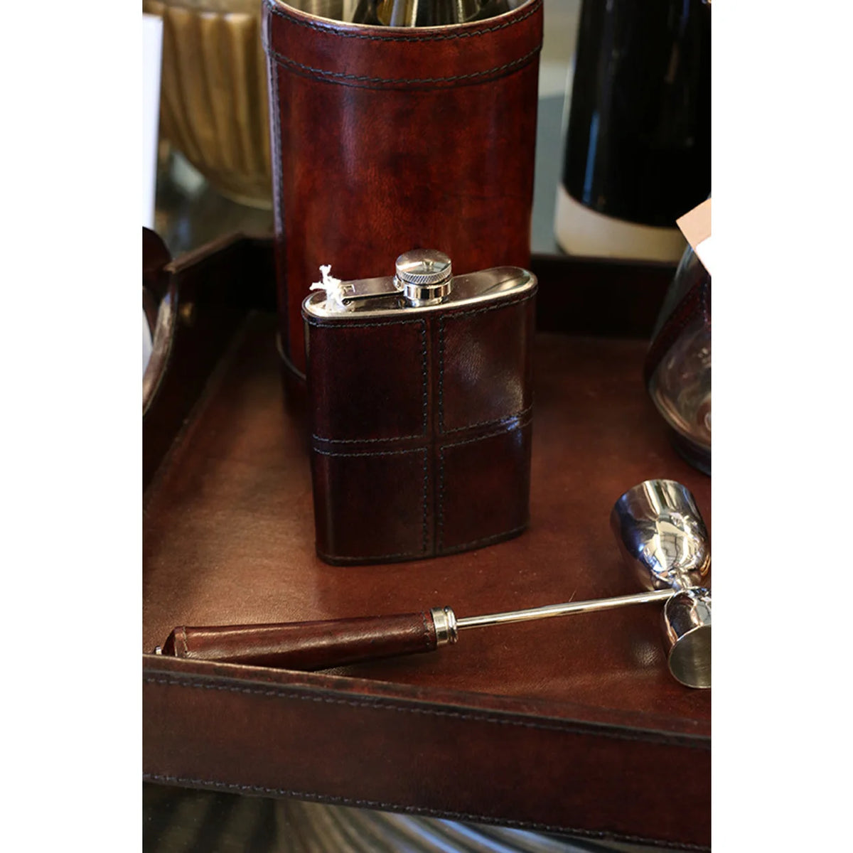 Leather Hip Flask in Dark Brown with Nickle Details